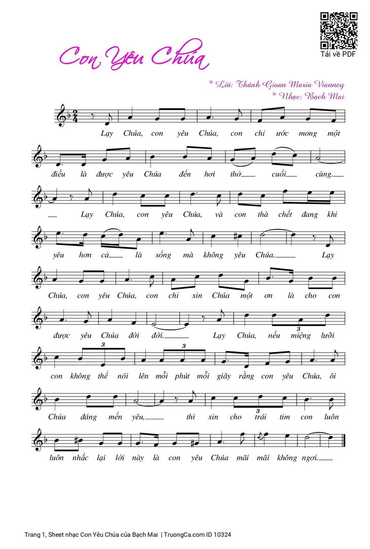 Page 1 of the piano sheet music PDF - Con Yêu Chúa by Bạch Mai