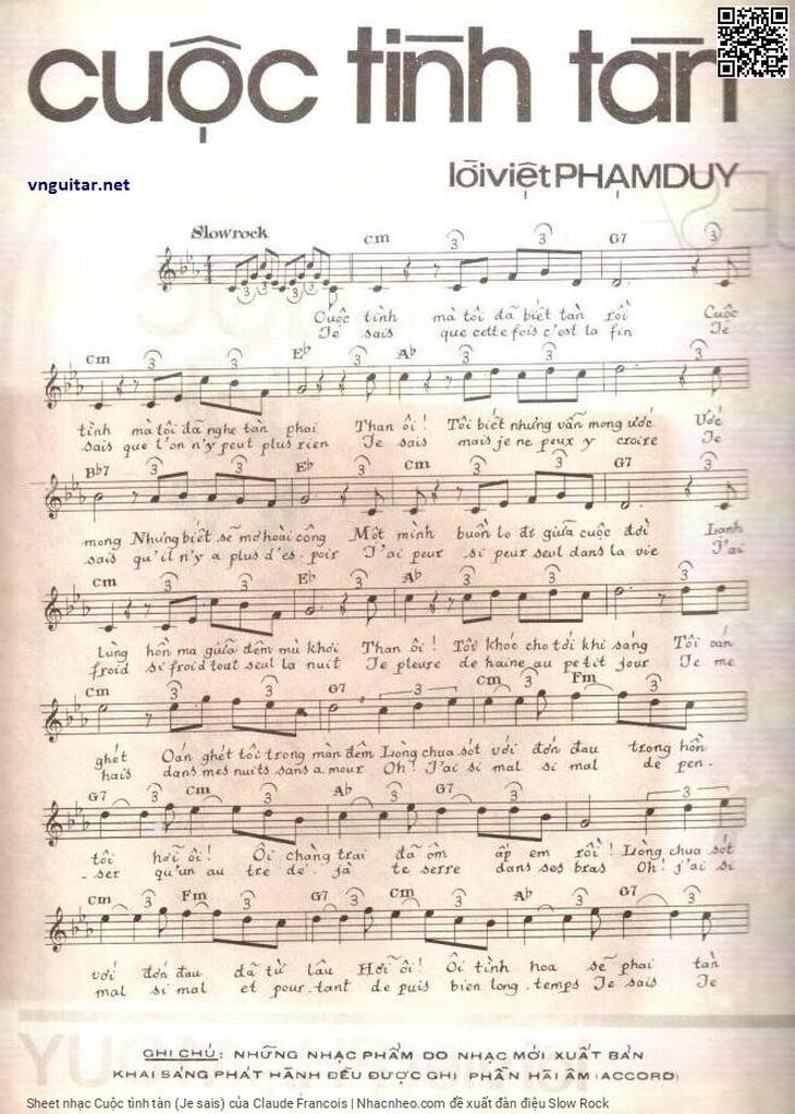 Page 1 of the piano sheet music PDF - Cuộc tình tàn (Je sais) by Claude Francois