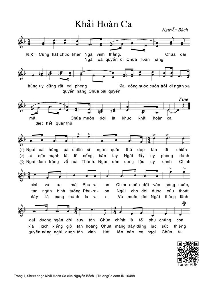 Page 1 of the piano sheet music PDF - Khải Hoàn Ca by Nguyễn Bách