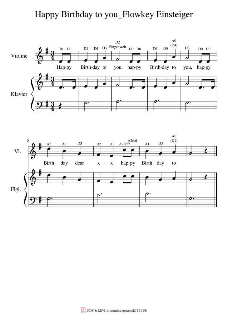 Page 1 of the piano sheet music PDF - Happy Birthday sheet Violin đệm Piano by Patty Hill
