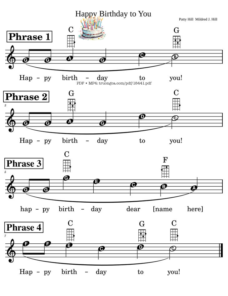 Page 1 of the piano sheet music PDF - Happy Birthday To You Chúc Mừng Sinh Nhật by Patty Hill