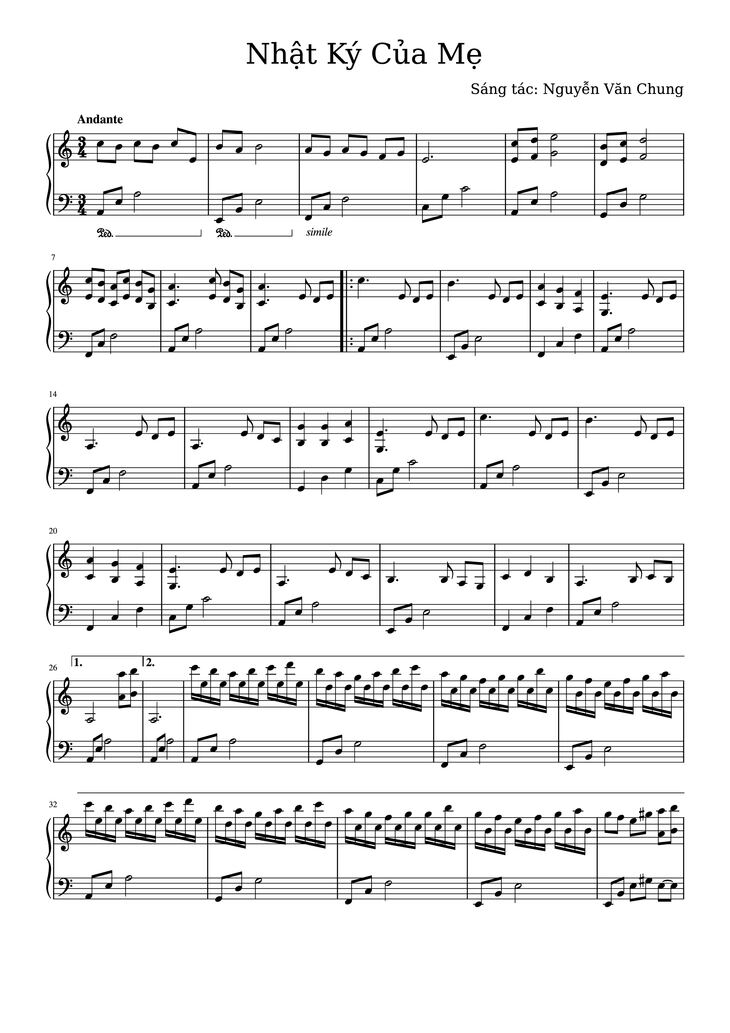 Page 1 of the piano sheet music PDF - Nhật Ký Của Mẹ sheet Piano solo by Nguyễn Văn Chung