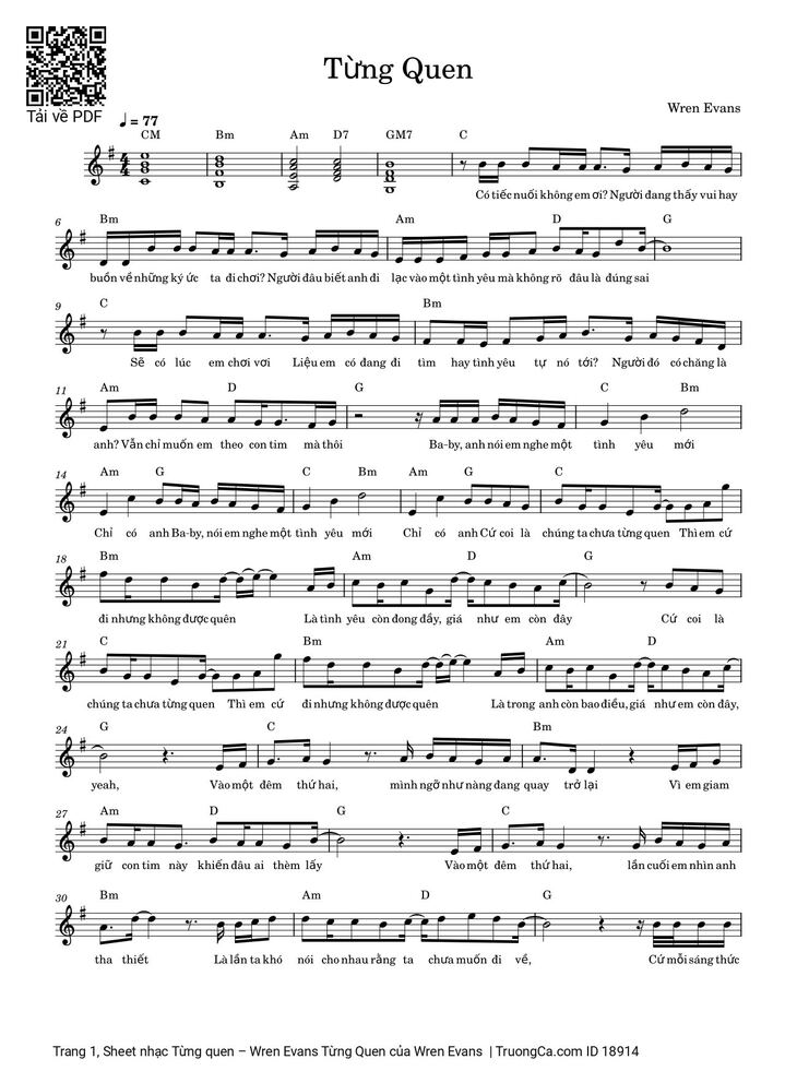 Page 1 of the piano sheet music PDF - Từng quen by Wren Evans