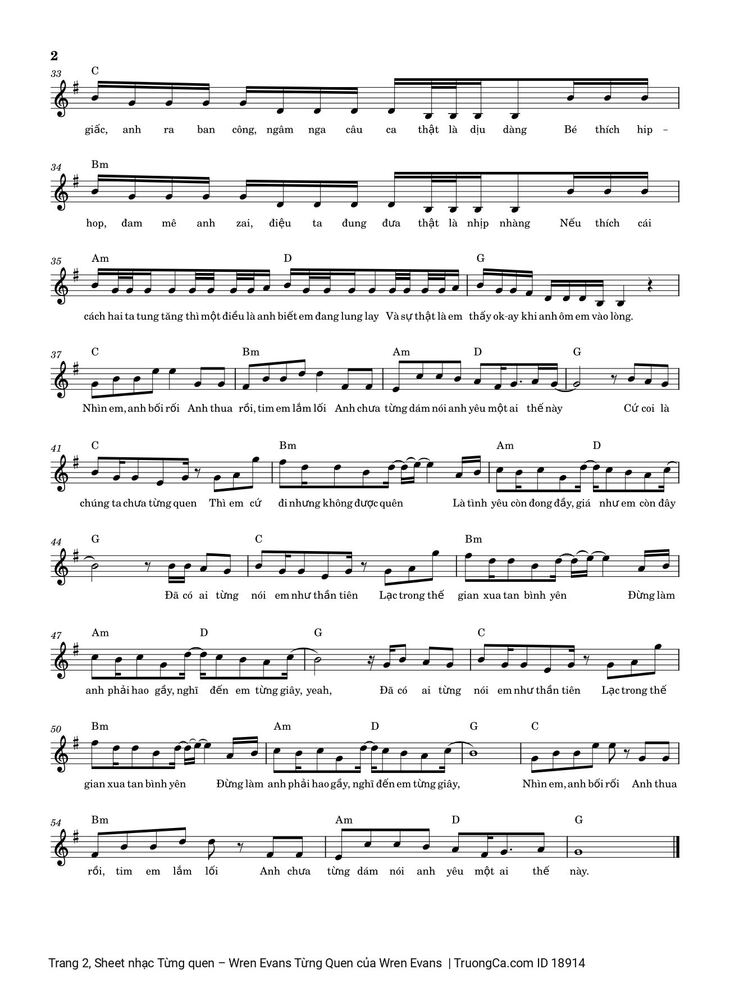Page 2 of the piano sheet music PDF - Từng quen by Wren Evans
