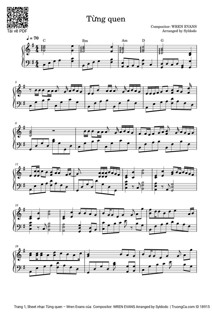 Page 1 of the piano sheet music PDF - Từng quen Piano by Wren Evans