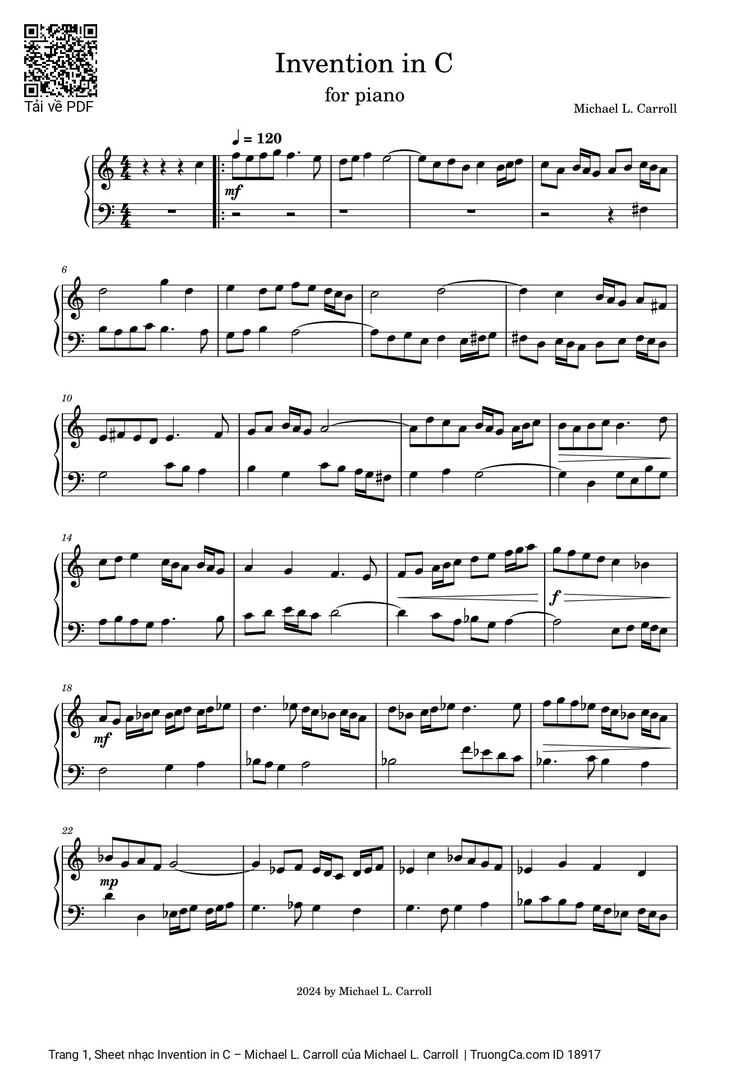 Page 1 of the piano sheet music PDF - Invention in C – Michael L. Carroll by Michael L. Carroll