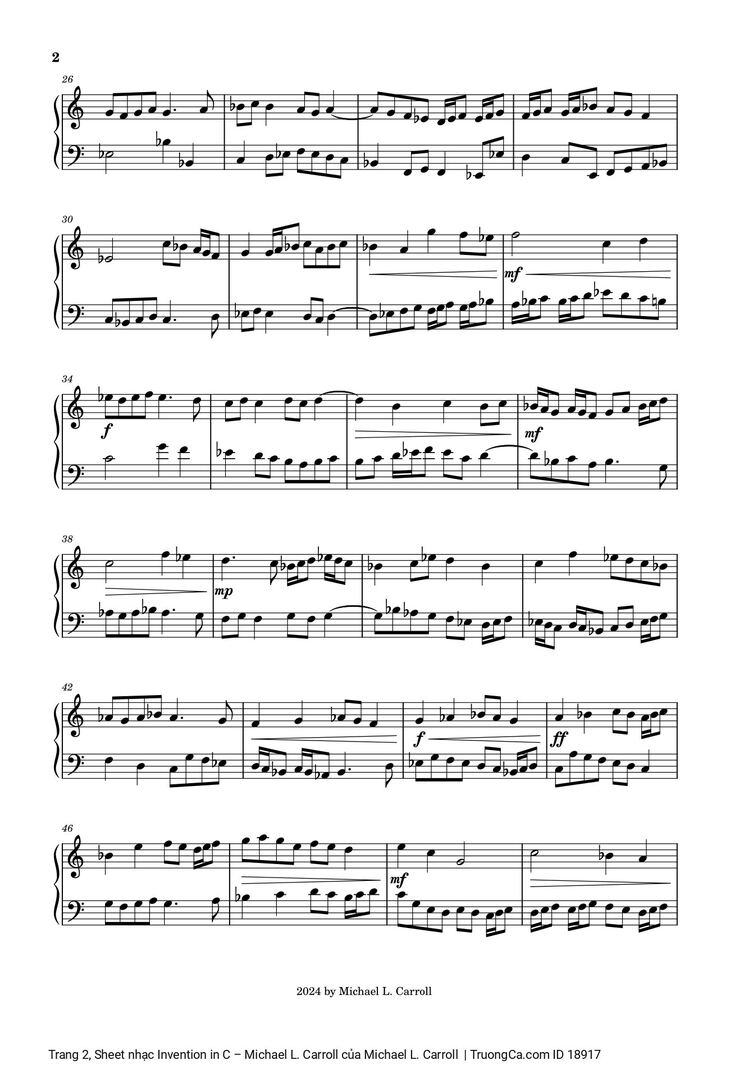 Page 2 of the piano sheet music PDF - Invention in C – Michael L. Carroll by Michael L. Carroll