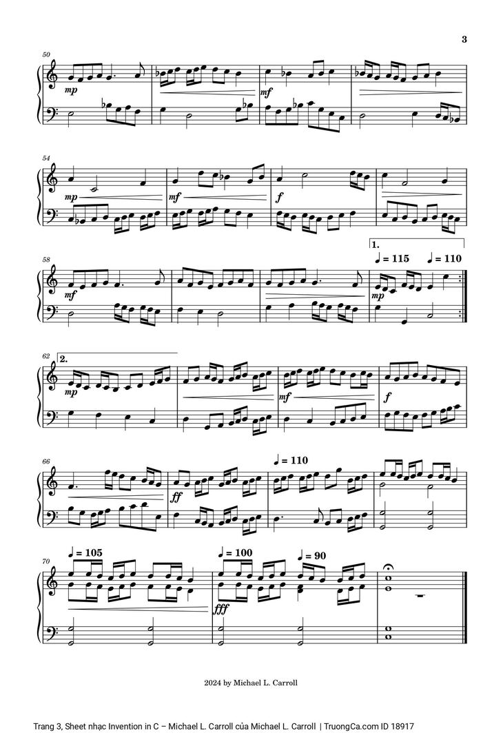 Page 3 of the piano sheet music PDF - Invention in C – Michael L. Carroll by Michael L. Carroll