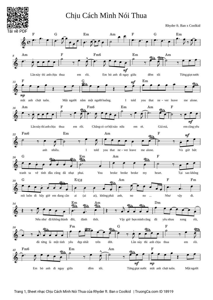 Page 1 of the piano sheet music PDF - Chịu Cách Mình Nói Thua by Rhyder ft. Ban x Coolkid 