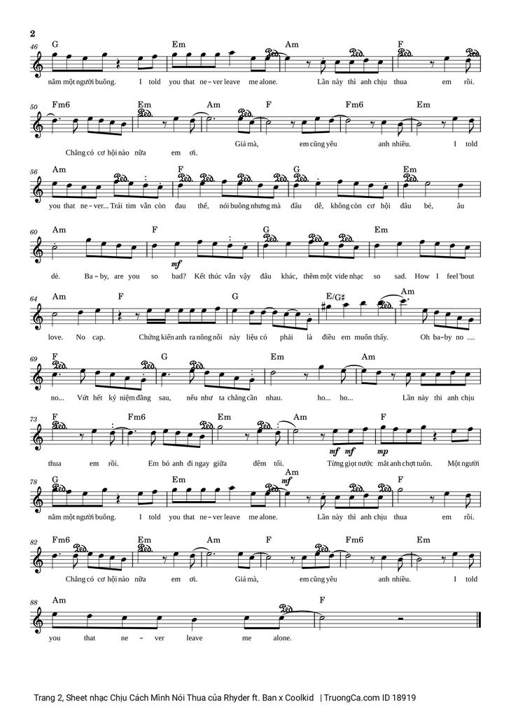 Page 2 of the piano sheet music PDF - Chịu Cách Mình Nói Thua by Rhyder ft. Ban x Coolkid 