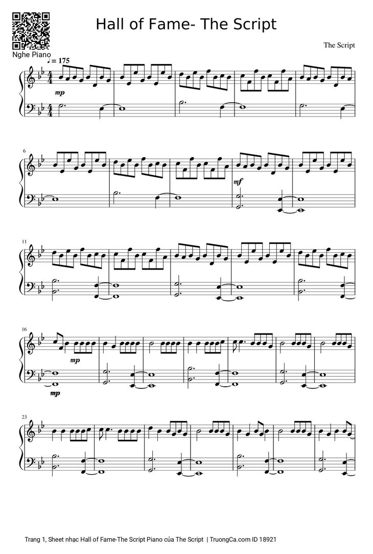 Page 1 of the piano sheet music PDF - Hall of Fame -The Script Piano by The Script