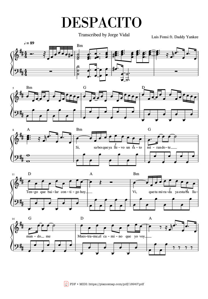 Page 1 of the piano sheet music PDF Piano - Despacito Piano Sheet by Luis Fonsi ft. Daddy Yankee