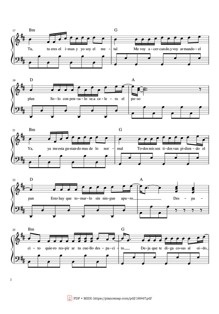 Page 2 of the piano sheet music PDF Piano - Despacito Piano Sheet by Luis Fonsi ft. Daddy Yankee