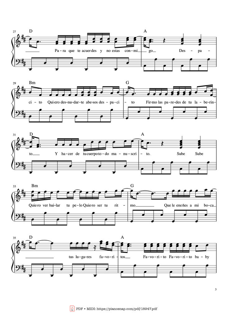 Page 3 of the piano sheet music PDF Piano - Despacito Piano Sheet by Luis Fonsi ft. Daddy Yankee