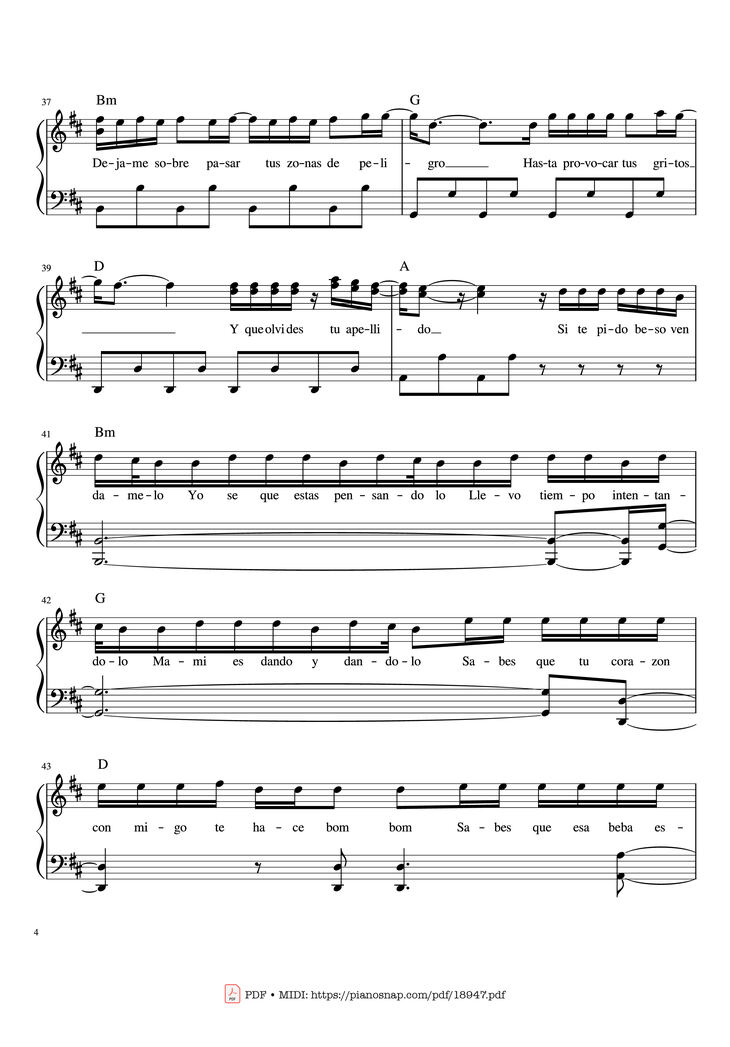 Page 4 of the piano sheet music PDF Piano - Despacito Piano Sheet by Luis Fonsi ft. Daddy Yankee