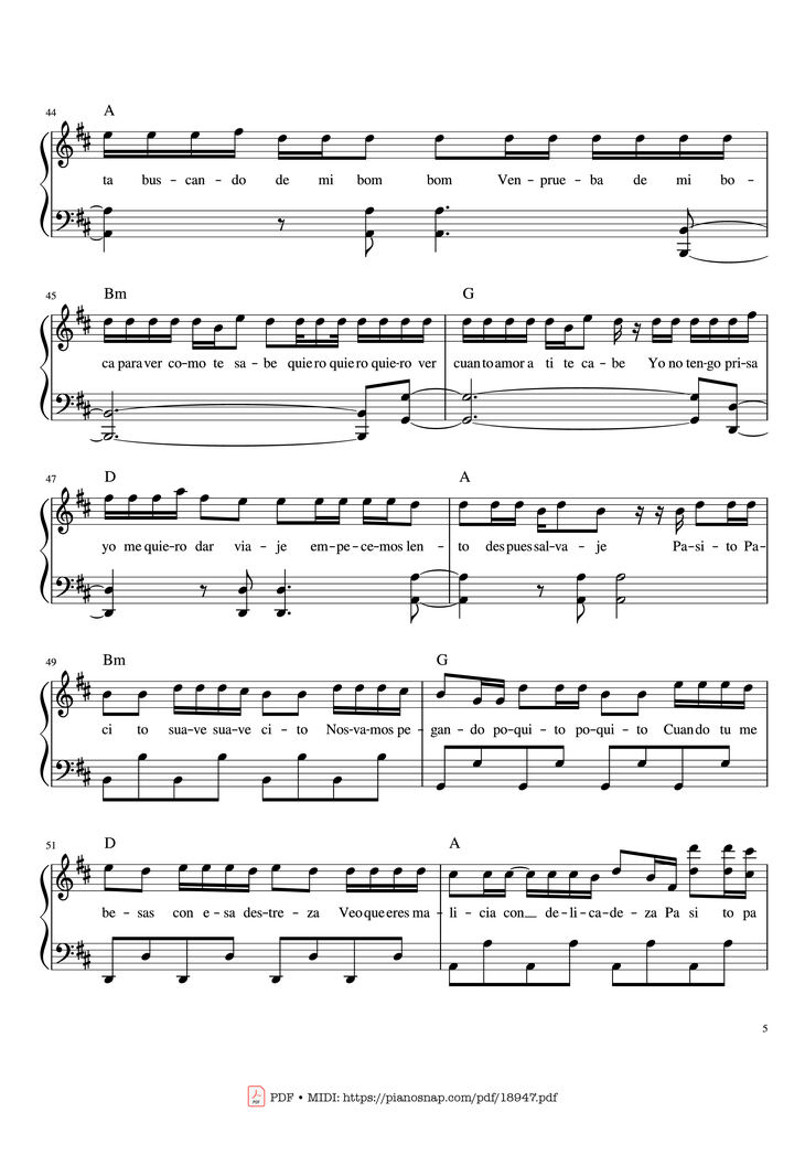 Page 5 of the piano sheet music PDF Piano - Despacito Piano Sheet by Luis Fonsi ft. Daddy Yankee