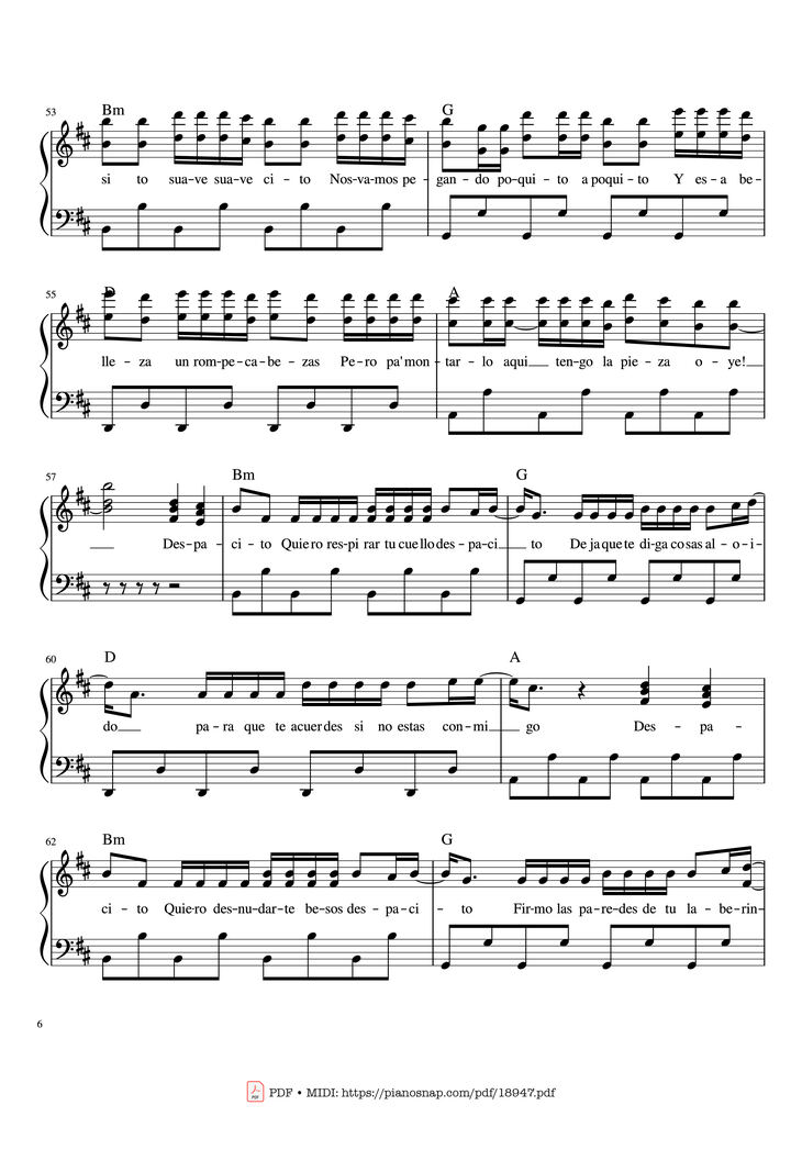Page 6 of the piano sheet music PDF Piano - Despacito Piano Sheet by Luis Fonsi ft. Daddy Yankee