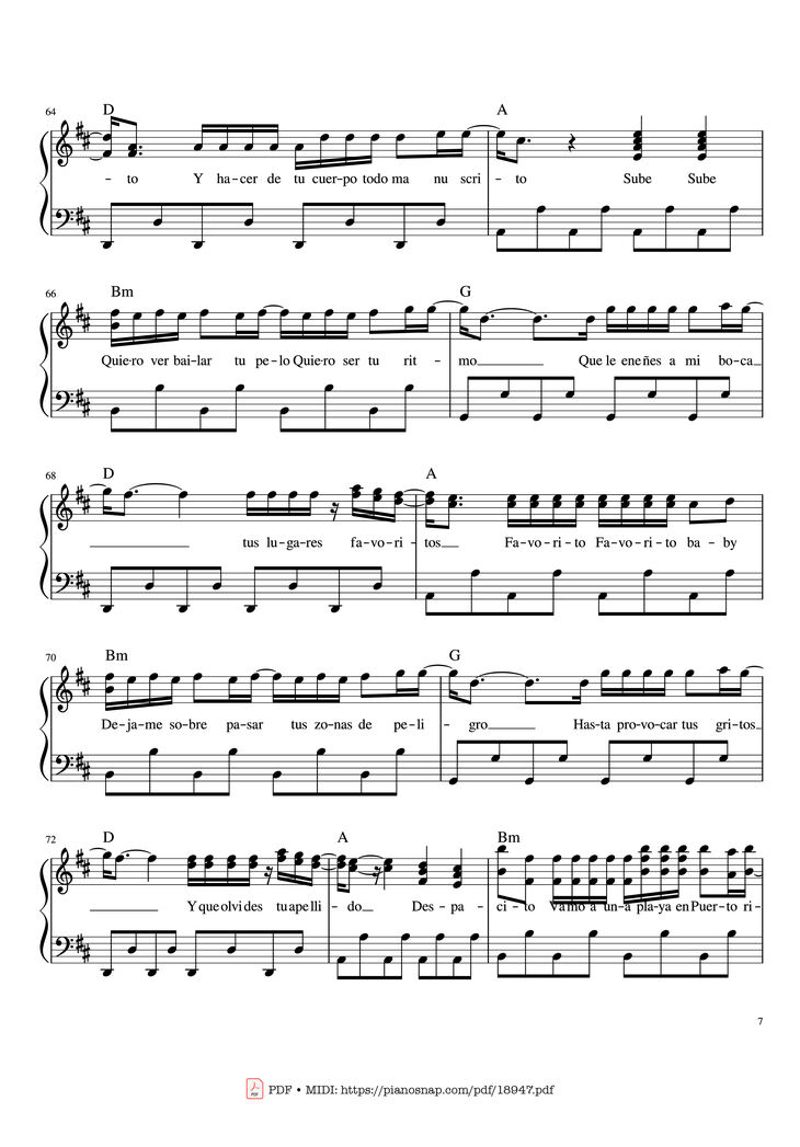Page 7 of the piano sheet music PDF Piano - Despacito Piano Sheet by Luis Fonsi ft. Daddy Yankee