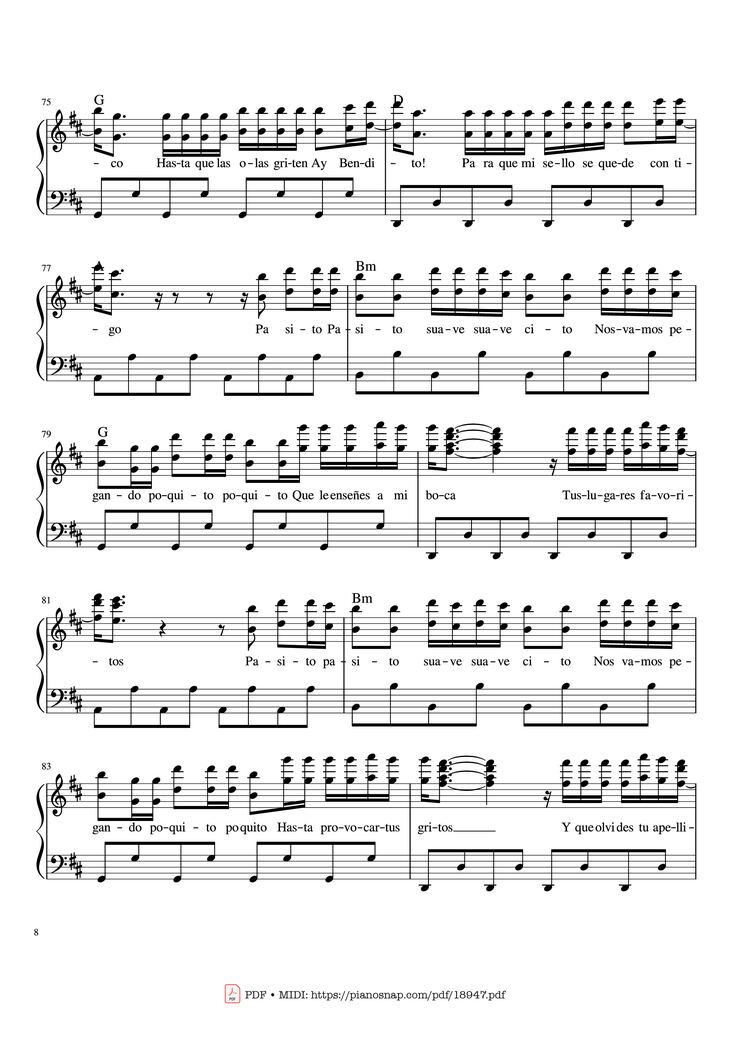 Page 8 of the piano sheet music PDF Piano - Despacito Piano Sheet by Luis Fonsi ft. Daddy Yankee