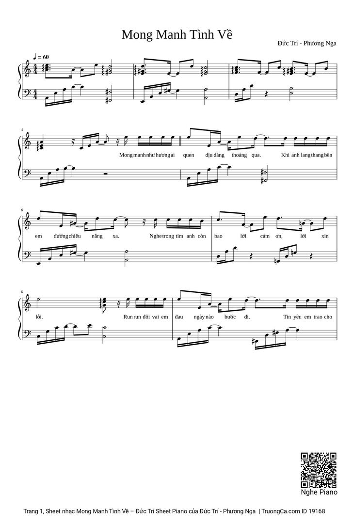 Page 1 of the piano sheet music PDF - Mong Manh Tình Về Sheet Piano by Đức Trí