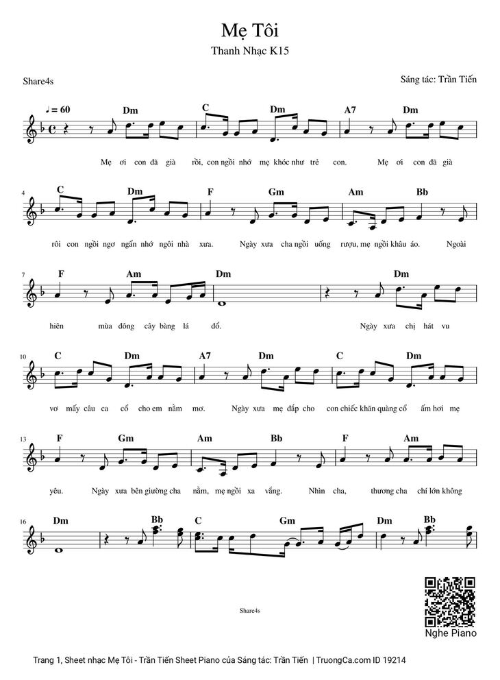 Page 1 of the piano sheet music PDF - Mẹ Tôi - Trần Tiến Sheet Piano by Trần Tiến