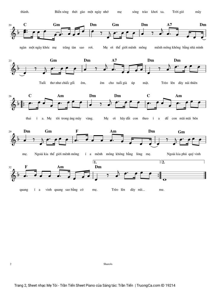 Page 2 of the piano sheet music PDF - Mẹ Tôi - Trần Tiến Sheet Piano by Trần Tiến