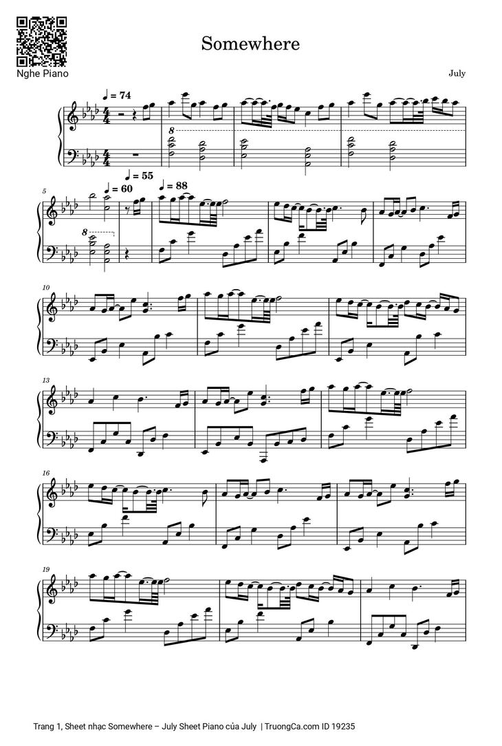 Page 1 of the piano sheet music PDF - Somewhere – July Sheet Piano by July