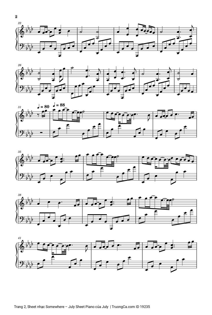 Page 2 of the piano sheet music PDF - Somewhere – July Sheet Piano by July