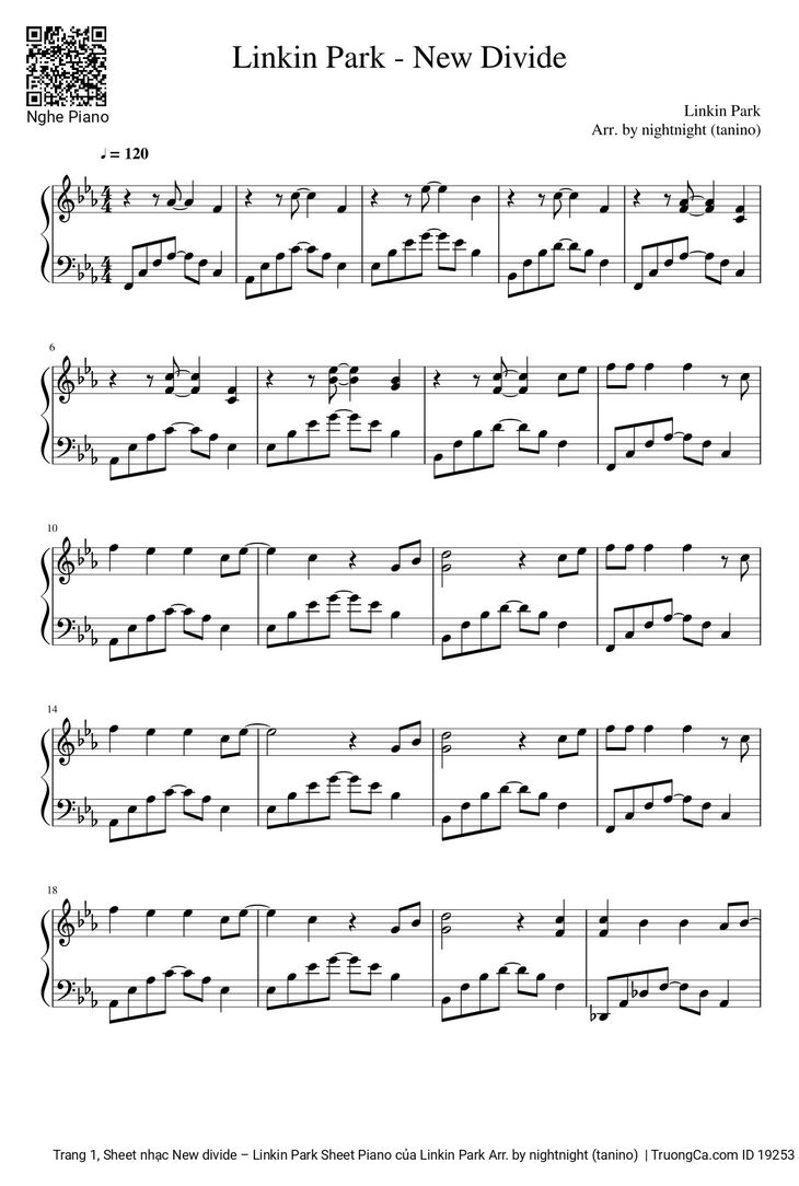 Page 1 of the piano sheet music PDF - New divide Sheet Piano by Linkin Park