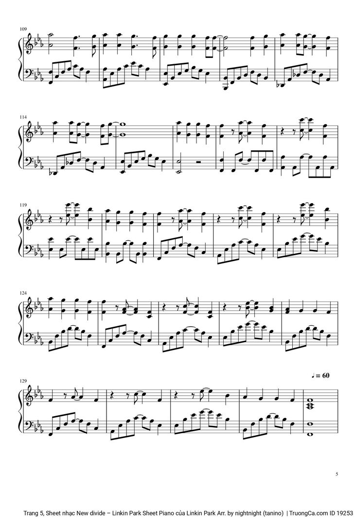 Page 5 of the piano sheet music PDF - New divide Sheet Piano by Linkin Park