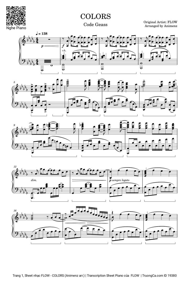 Page 1 of the piano sheet music PDF - FLOW - COLORS (Animenz arr.) | Transcription Sheet Piano by  FLOW