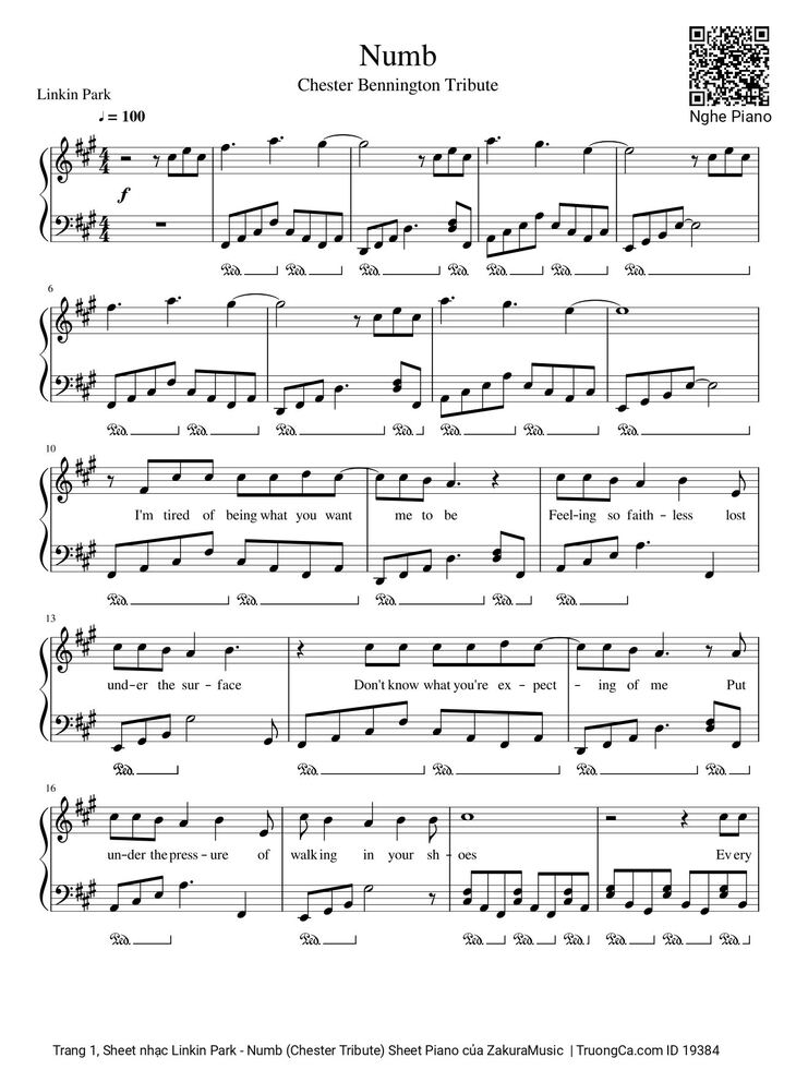 Page 1 of the piano sheet music PDF - Linkin Park - Numb (Chester Tribute) Sheet Piano by ZakuraMusic
