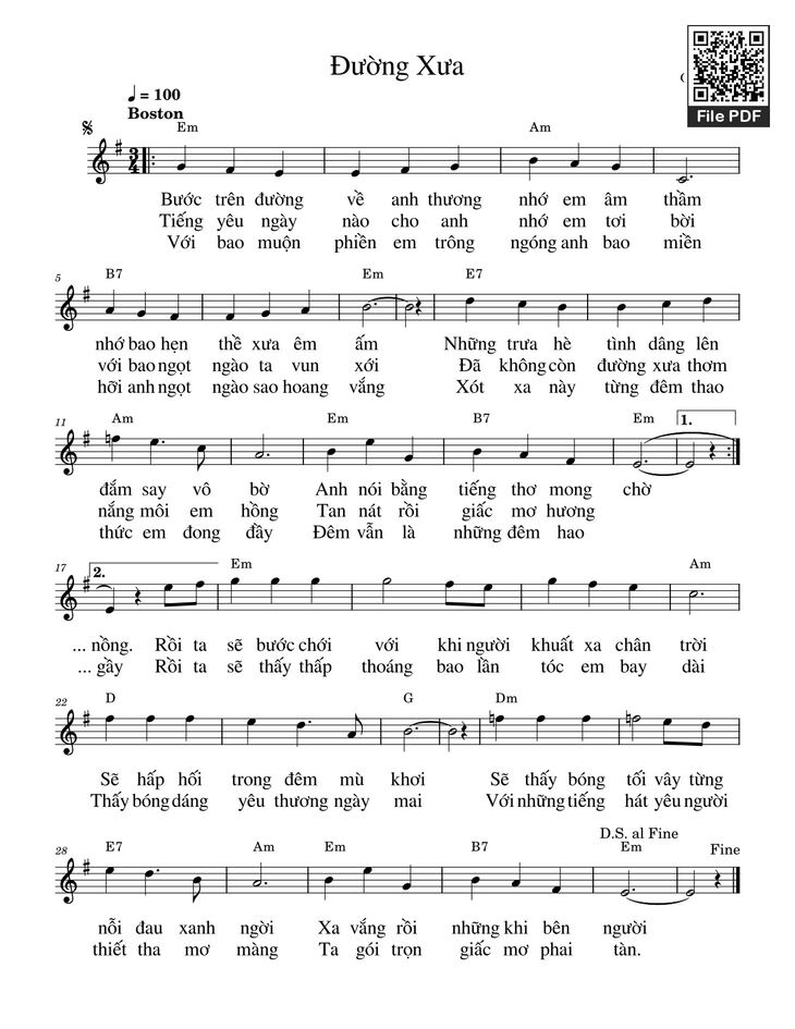 Page 1 of the piano sheet music PDF - Đường Xưa by Quốc Dũng