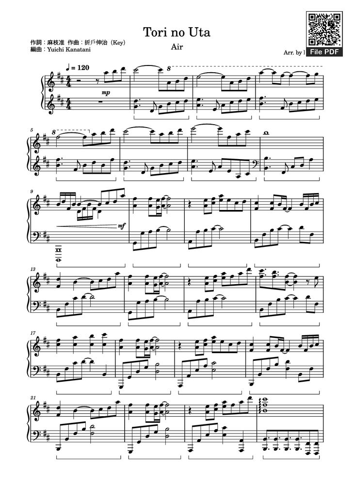 Page 1 of the piano sheet music PDF - Tori no Uta Sheet Piano by Haydenwong825