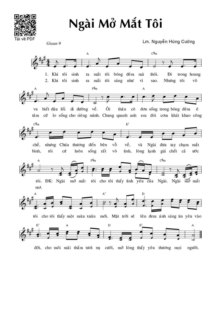 Page 1 of the piano sheet music PDF - Ngài mở mắt tôi by Nguyễn Hùng Cường