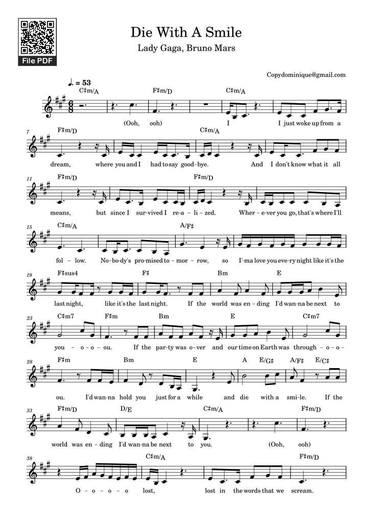 Page 1 of the piano sheet music PDF - Die With A Smile by Lady Gaga