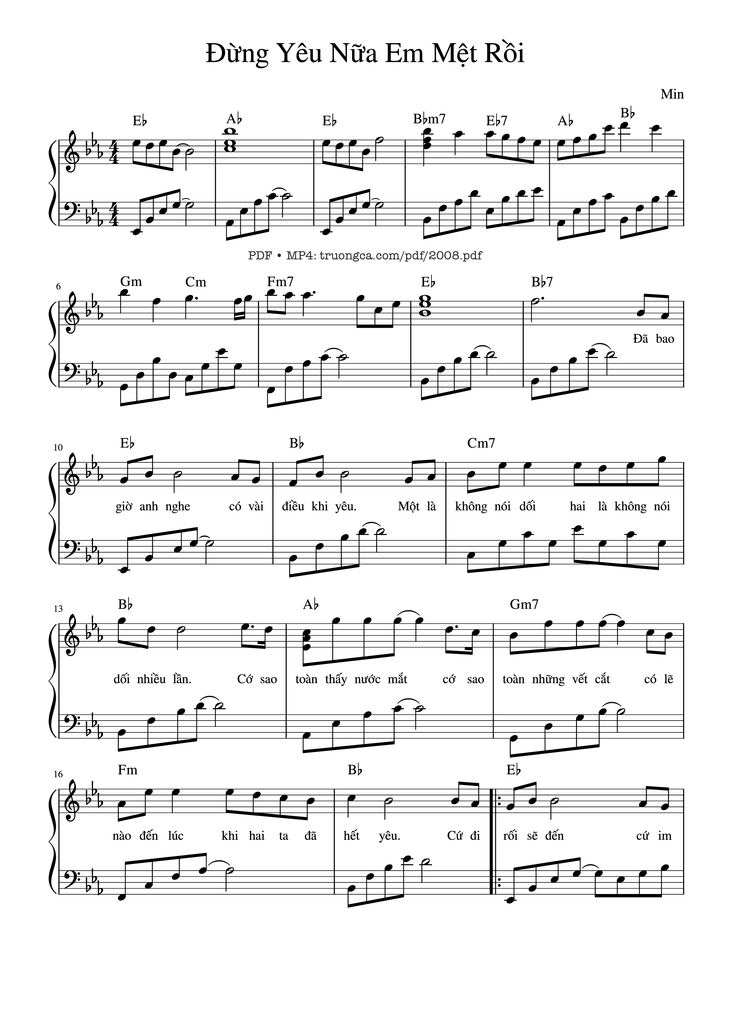 Page 1 of the piano sheet music PDF - Đừng yêu nữa, em mệt rồi Piano by Nguyễn Phúc Thiện