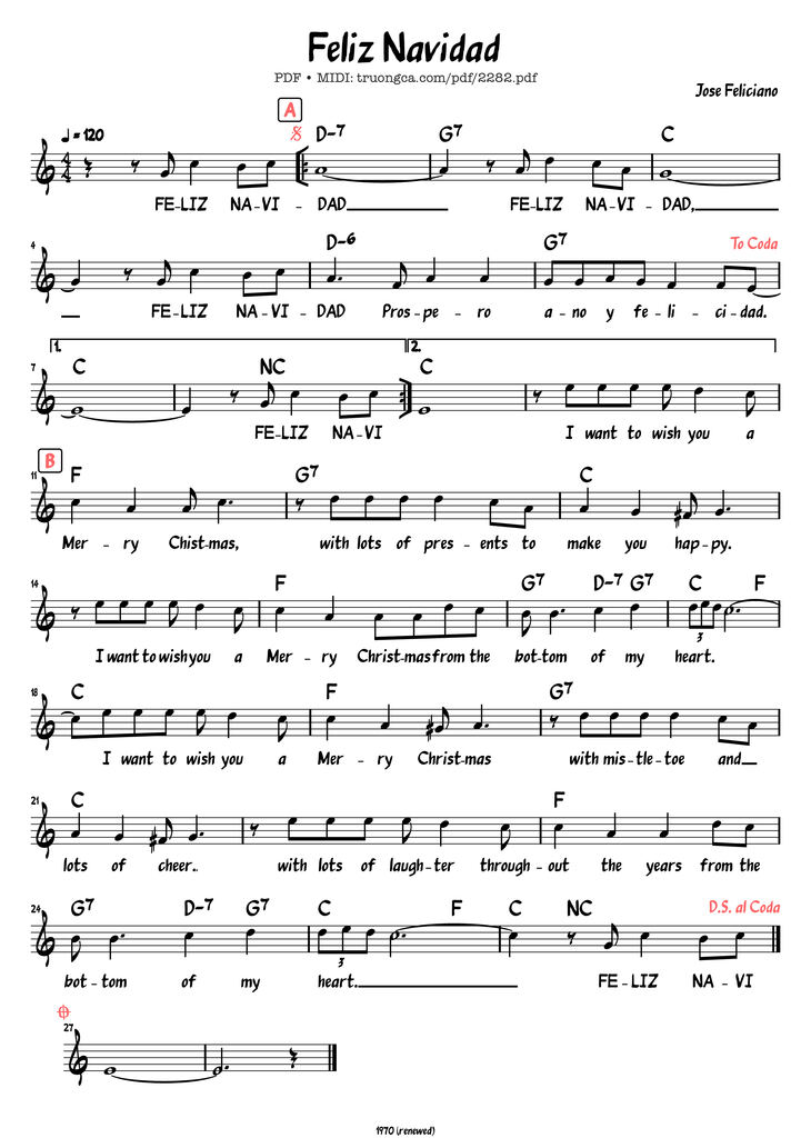 Page 1 of the piano sheet music PDF - Giáng sinh rộn ràng (Feliz Navidad) by José Feliciano