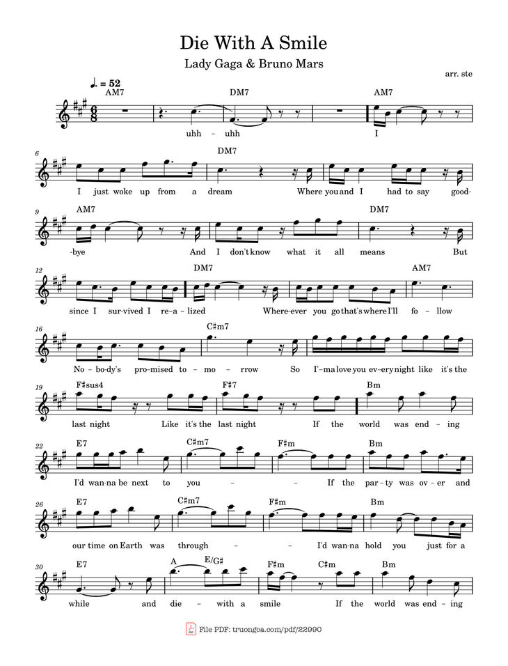 Page 1 of the piano sheet music PDF - Die With A Smile Sheet Piano by Stect