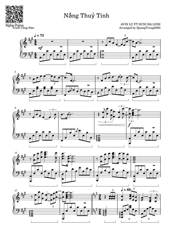 Page 1 of the piano sheet music PDF - Nắng Thuỷ Tinh Sheet Piano by Trịnh Công Sơn