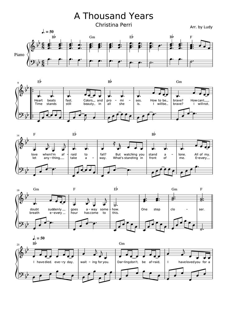 Page 1 of the piano sheet music PDF - A Thousand Years Sheet Piano by Christina Perri