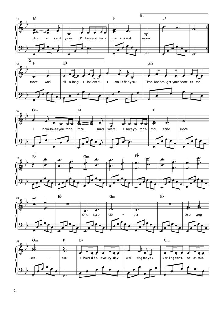 Page 2 of the piano sheet music PDF - A Thousand Years Sheet Piano by Christina Perri