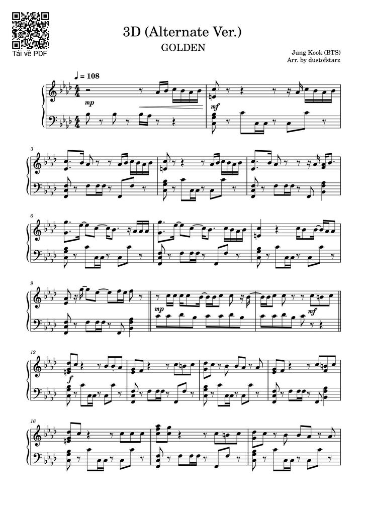 Page 1 of the piano sheet music PDF - 3D (Alternate Ver.) Sheet Piano by Jung Kook (BTS)