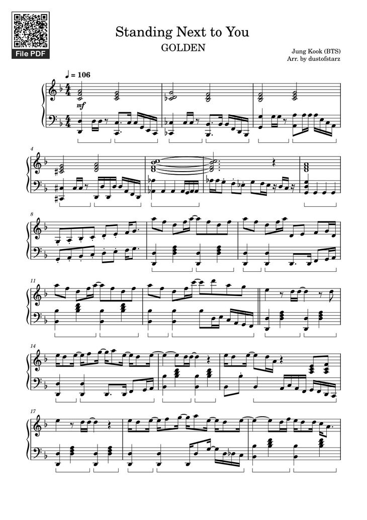 Page 1 of the piano sheet music PDF - Standing Next to You Sheet Piano by Jung Kook (BTS)