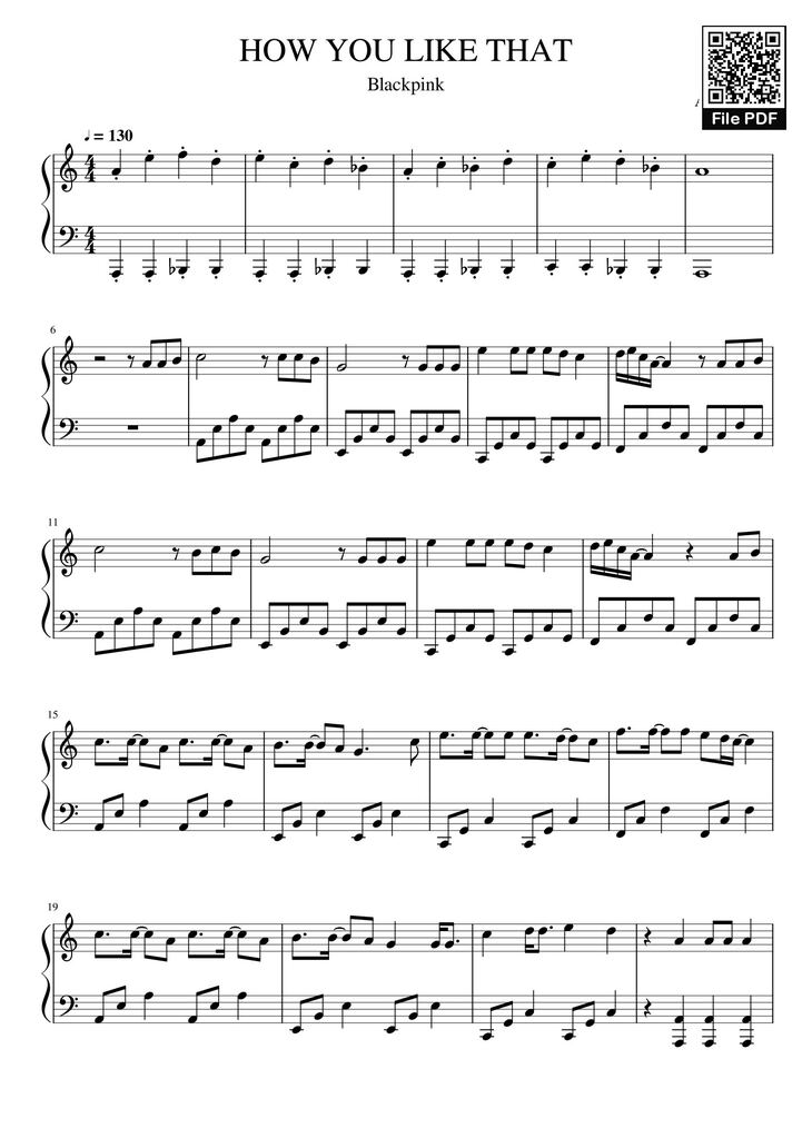 Page 1 of the piano sheet music PDF - HOW YOU LIKE THAT Sheet Piano by Veeroonaa