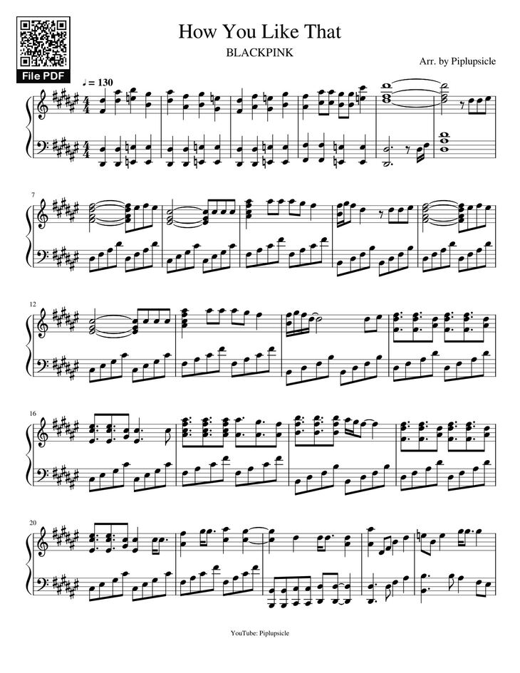 Page 1 of the piano sheet music PDF - How You Like That Sheet Piano by Piplupsicle