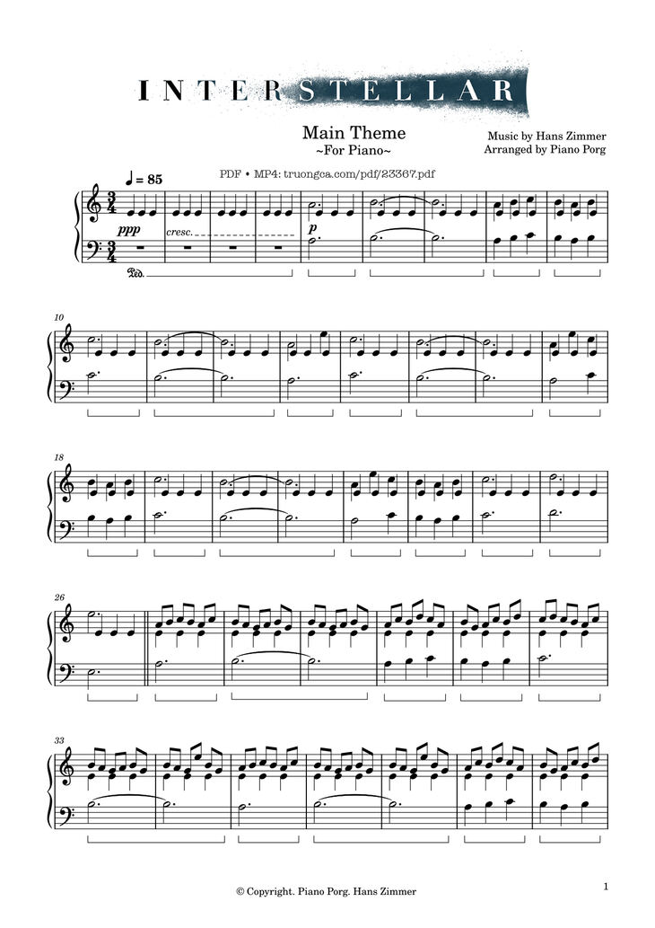Page 1 of the piano sheet music PDF Piano - Interstellar Piano Sheet by Hans Zimmer
