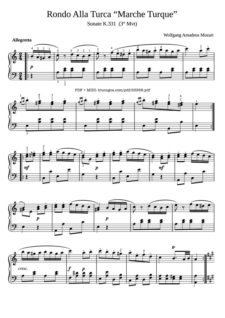 Page 1 of the piano sheet music PDF Piano - Rondo Alla Turca - Marche Turque - Turkish March fingered Piano by PapyPiano
