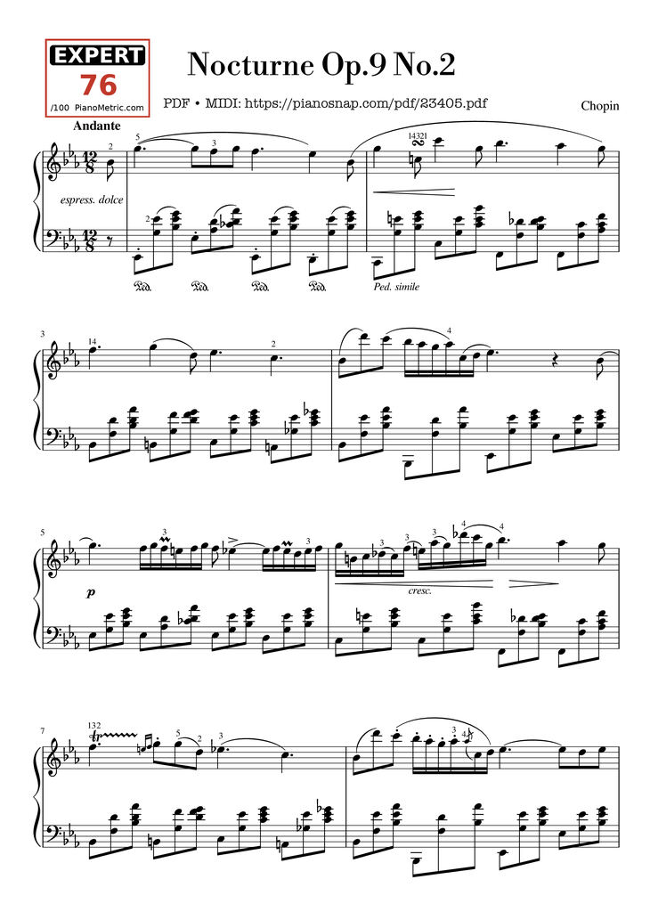 Page 1 of the piano sheet music PDF - Nocturne Op.9 No.2 Sheet Piano by Chopin