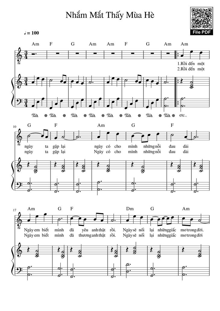 Page 1 of the piano sheet music PDF - Nhắm Mắt Thấy Mùa Hè (đệm hát) by Nguyên Hà